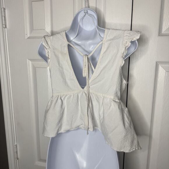 Shein S White Ruffle Sleeve Peplum Top Tie Back V Neck Blouse - Picture 2 of 2